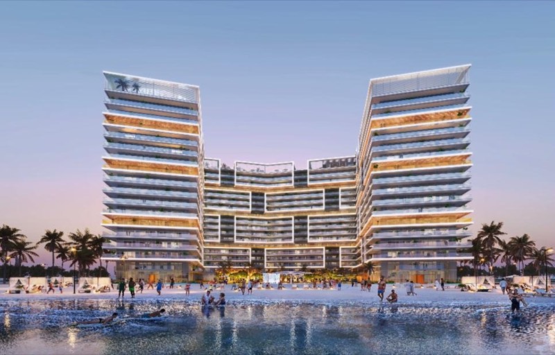 Architectural render of a waterfront residential tower with two wings